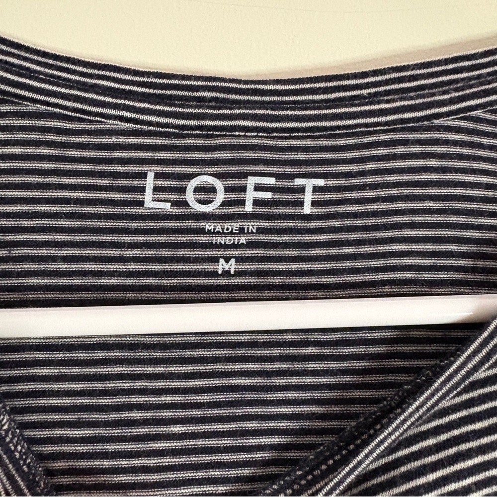 LOFT Women’s Size Medium Navy and White Striped Embroidered Blouse Long Sleeve - Picture 3 of 5